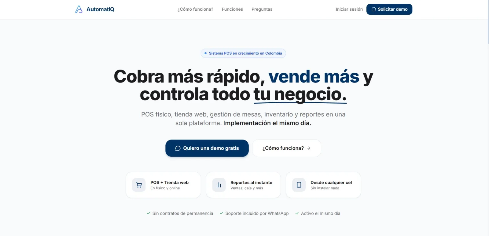 Portada de AutomatIQ POS: titular «Cobra más rápido, vende más y controla todo tu negocio», con botones de demo y tres tarjetas de funciones.